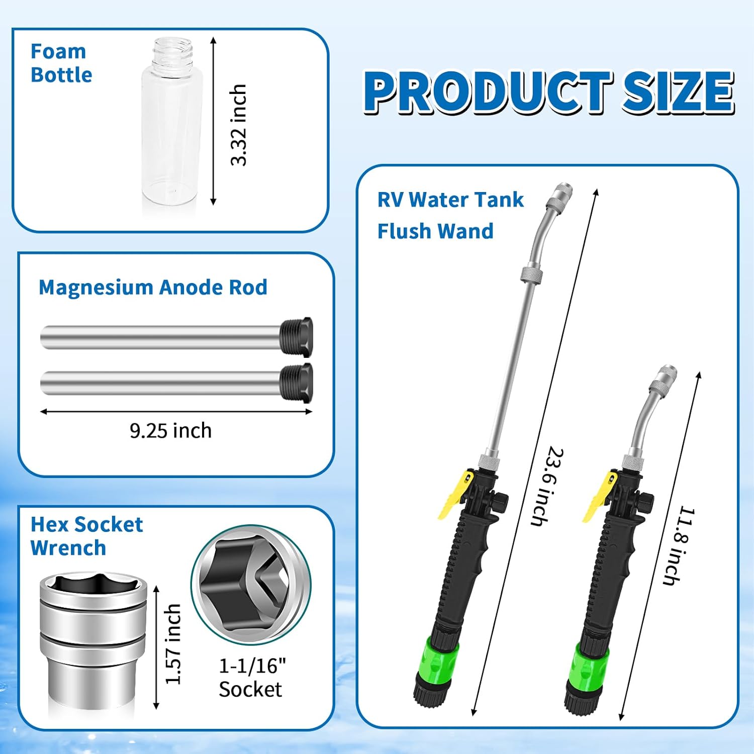 Boltigen 6PCS RV Water Heater Anode Rod Kit - 9.25"L x 3/4"NPT Magnesium Rod with Flush Wand & Socket Wrench for Tankless & Tank Water Heaters, Camper Tank Corrosion Protection