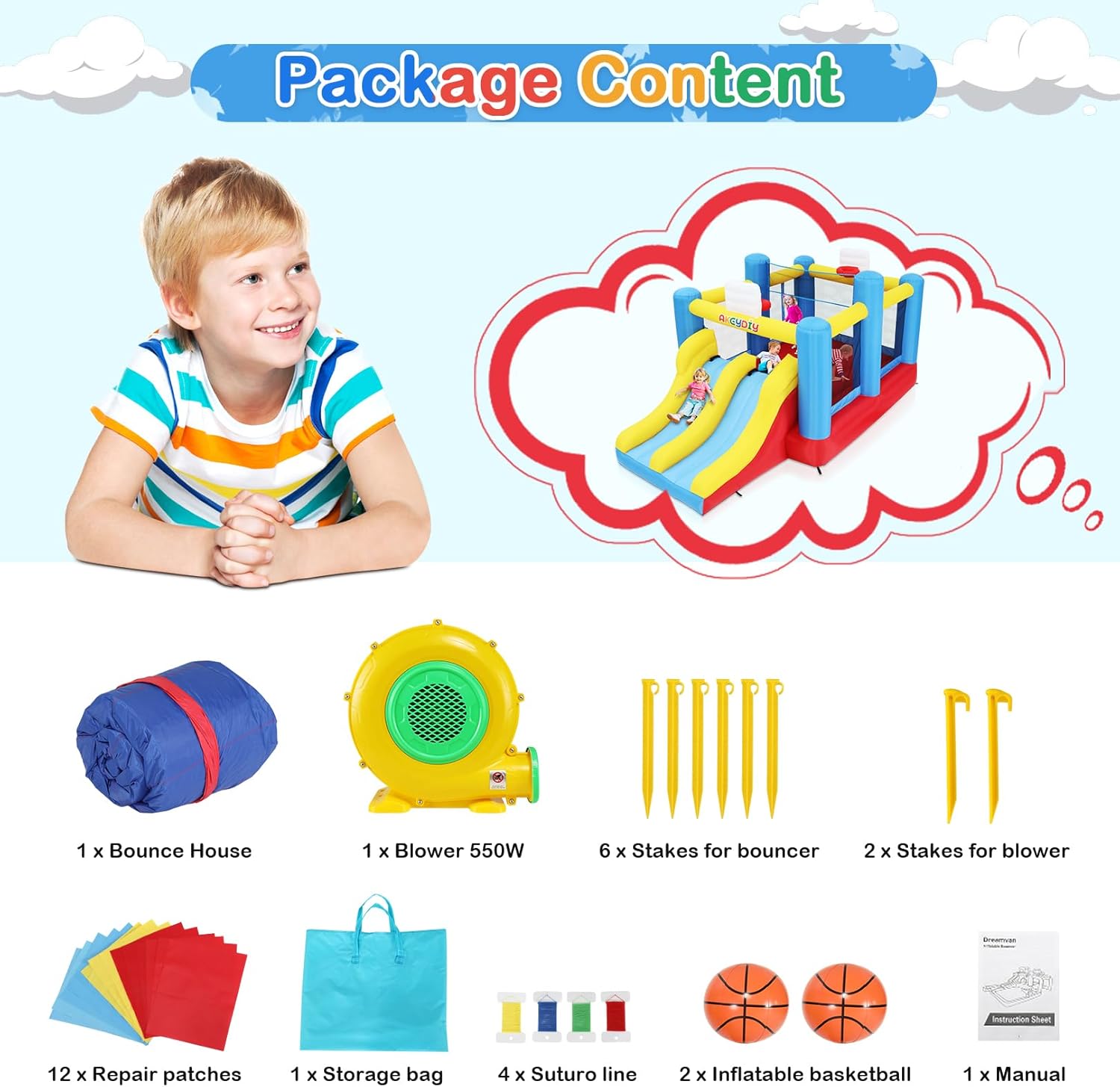 Big Bounce House for Kids 8-12 Girls/Boys Gifts, 15ft Ball Game Inflatables Bouncy House with Double Slide 3-12 Bouncy Castle with Blower, Jump House with Slide, Double Basketball Hoop