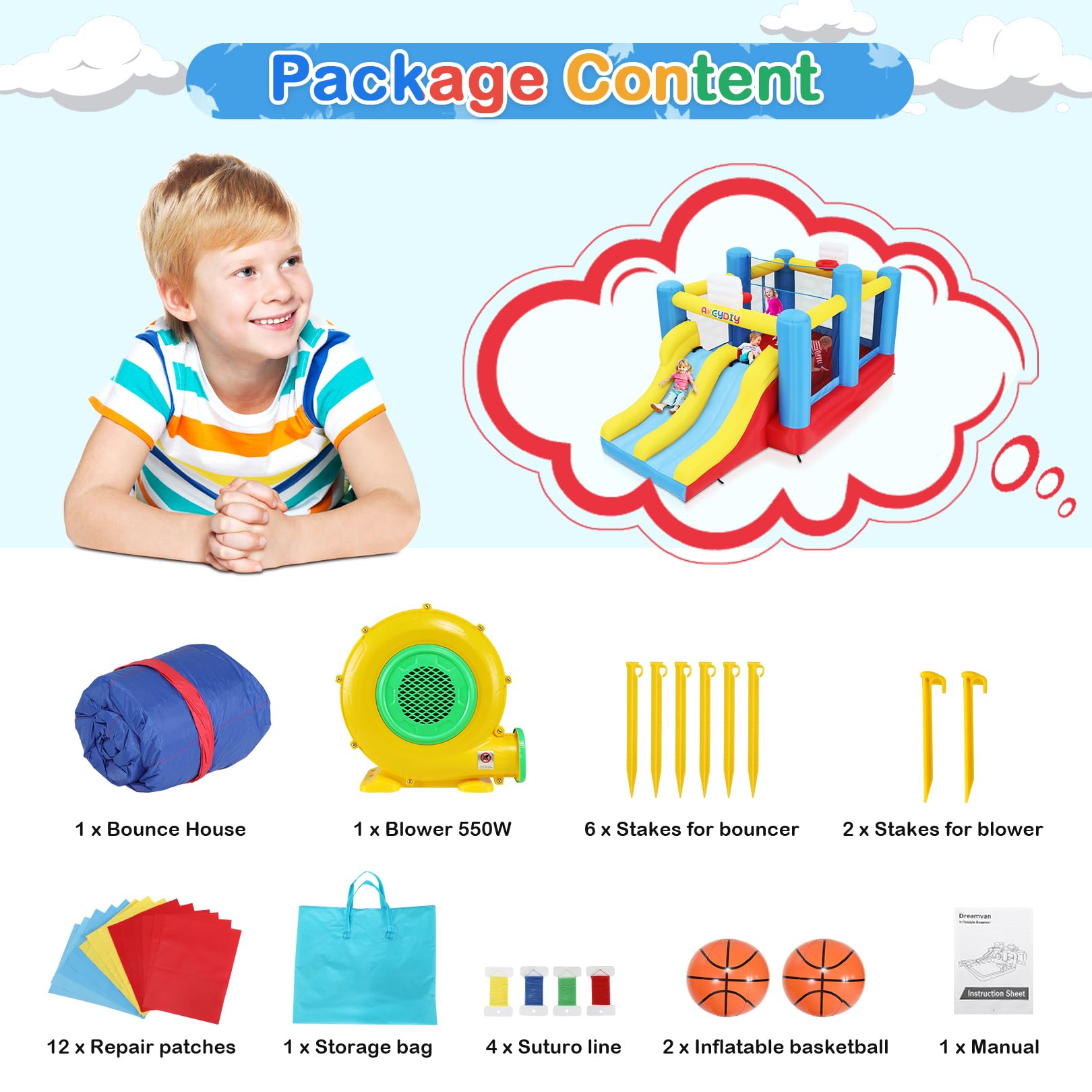 Gran Castillo Hinchable para niños de 3 a 12, Red de Voleibol, tobogán Doble y trampolín Grande, Castillo Hinchable con soplador, casa Hinchable para niños, Exterior/Interior, Regalo de cumpleaños