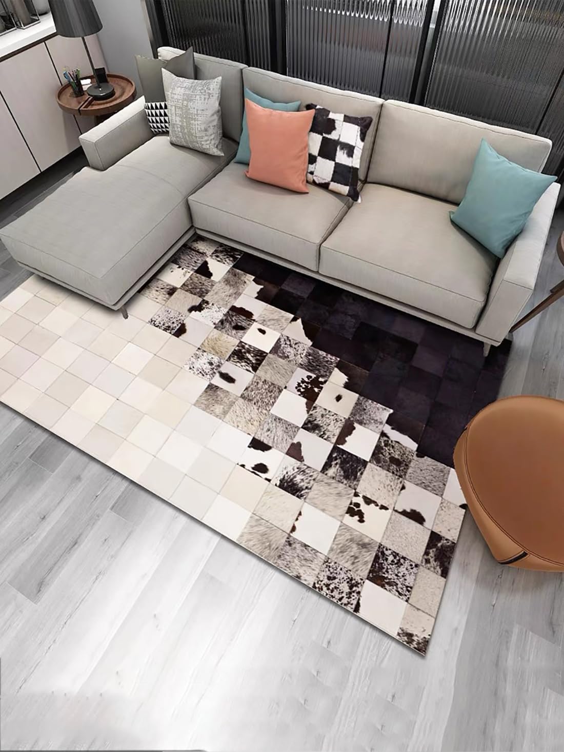 R&RENXIA Tapis Patchwork en Fourrure de Vache Tapis en Peau de Vache véritable Tapis imprimé Vache Premium pour Chambre dortoir Salle à Manger Salon décor Occidental,90×120cm