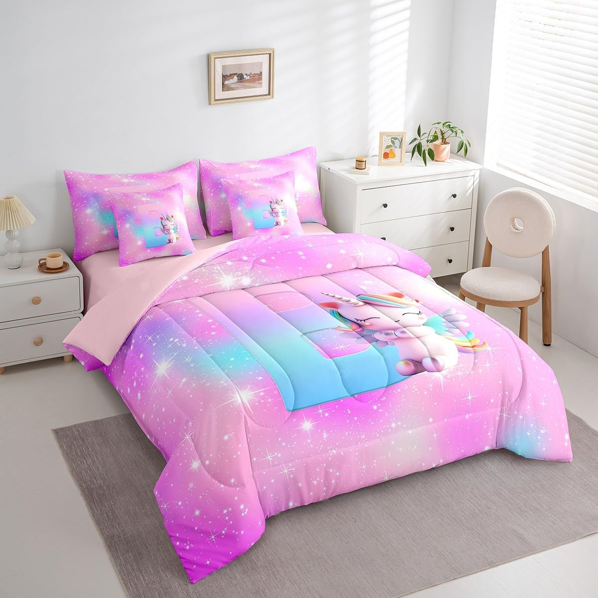 Feelyou Boys Girls Cute Unicorn Bed in A Bag Twin Size, Personalized Initial B 7 Pieces Bedding Set Alphabet Letters Comforter Set with Sheets Kids Rainbow Glitter Teens Bed Set Bedroom Decor 7Pcs
