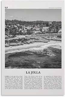 XIANF La Jolla Print Black And White Seaside, La Jolla Wall Art, La Jolla Poster, San Diego, California, USA Canvas Poster Wall Art for Living Room Bedroom Decor Unframe:16x24inch(40x60cm)