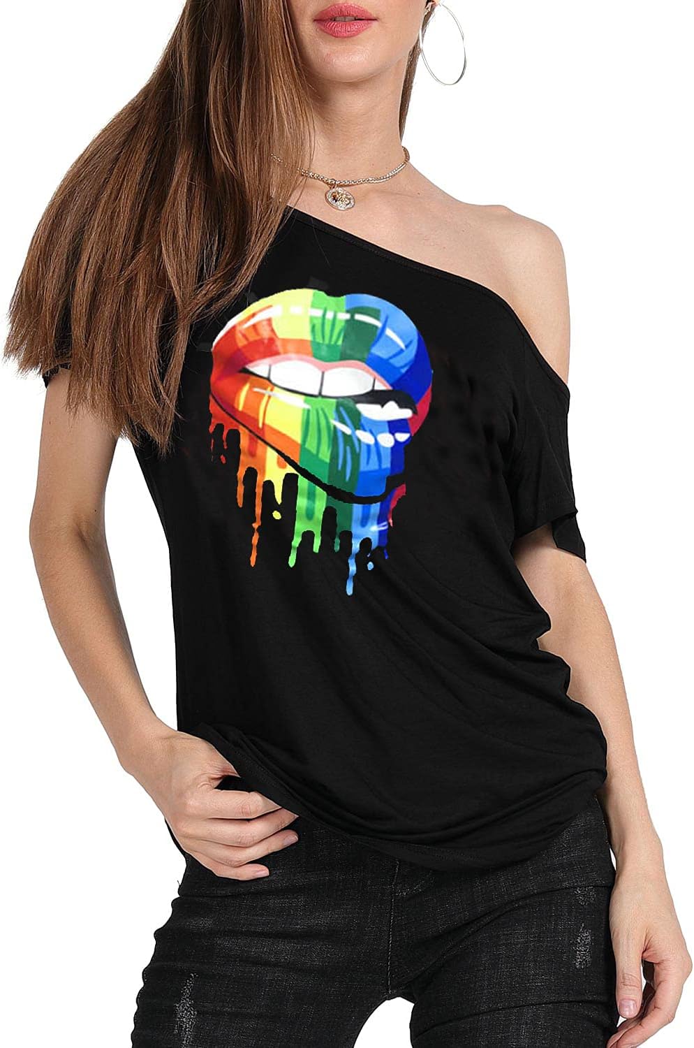 MAGICMK Women’s Short Lips Print Causal Off The Shoulder Plus Size T-Shirt Tops - Image 3