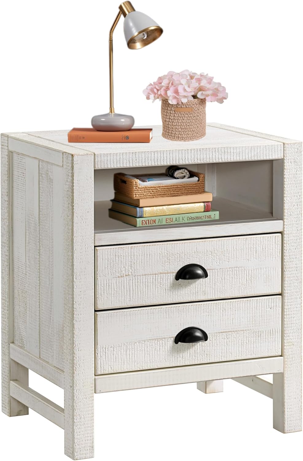 Alaterre Furniture Windsor 2-Drawer Nightstand, Kids Bedroom Bedside Table, Driftwood White, Pine Wood with Metal Glides, Rustic Finish, 22 in. W x 17 in. D x 25 in. H