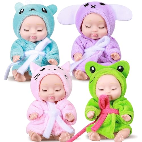 Hanaive 4 Pcs 4 Inch Mini Baby Dolls Lifelike Realistic Baby Dolls Animal Clothes Cute Tiny Gifts for Kids Birthday Party(Robe Style)