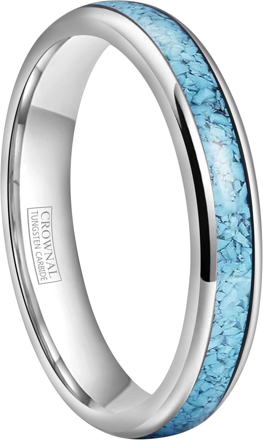 CROWNAL 4mm Abalone Shell/Turquoise Granules Inlay Tungsten Wedding Band Ring Black Silver Men Women Domed Polished Comfort Fit Size 4 To 11