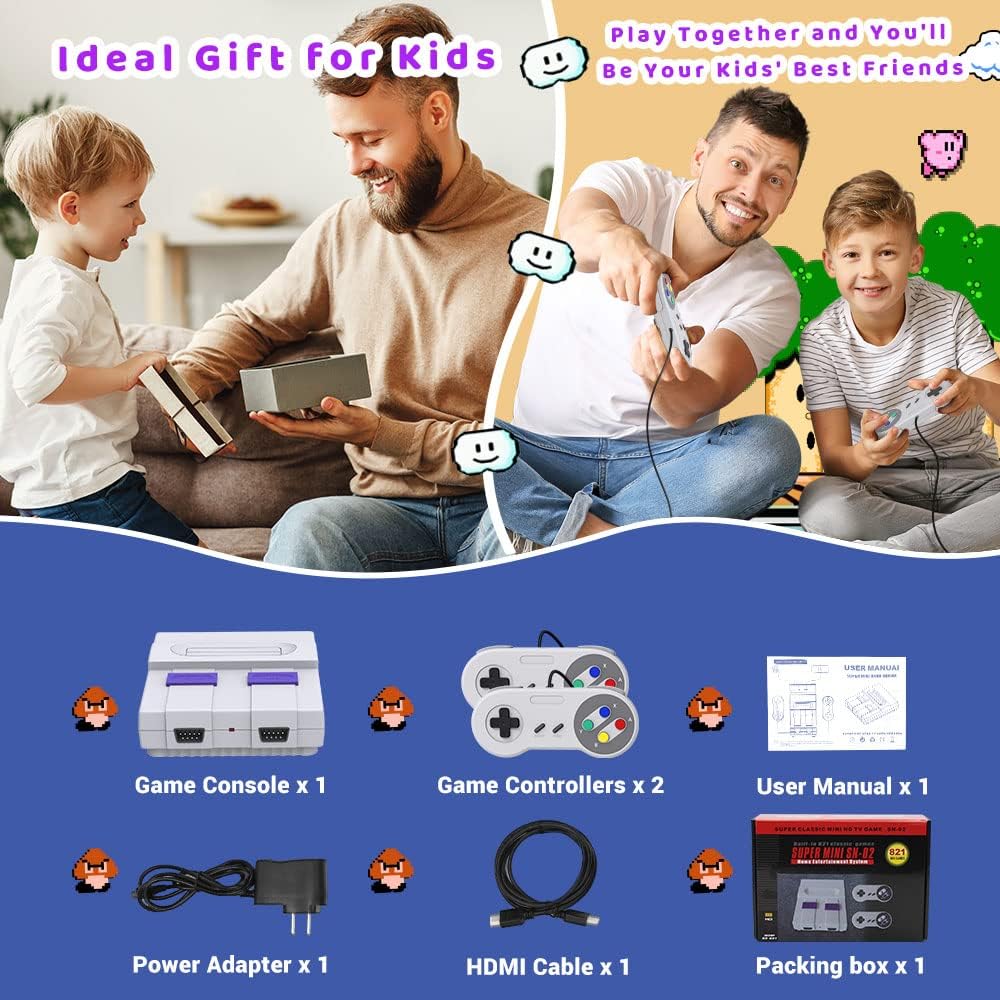Super Retro Game Console Classic Mini HDMI System with Built in 821 Old School Video Games, Preloaded Entertainment Gaming System, Plug and Play : Video Games