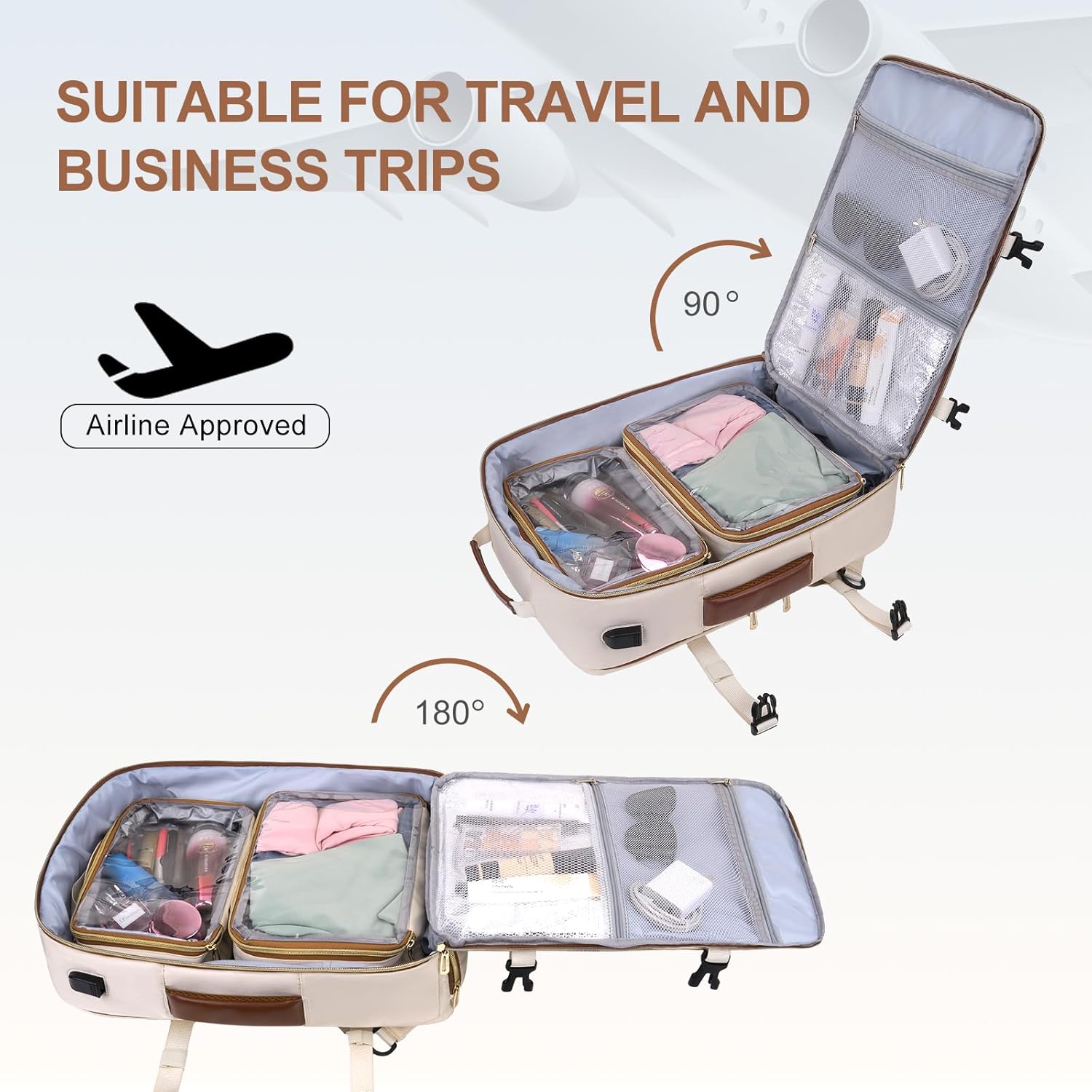 MOSISO 40L Travel Backpack for Women&Men, Flight Approved Carry on Daypack with USB Charging Port&2 Packing Cubes&Shoes Compartment, 17.3 inch Laptop Backpack for Office Work Travel Essentials, Beige - Image 2