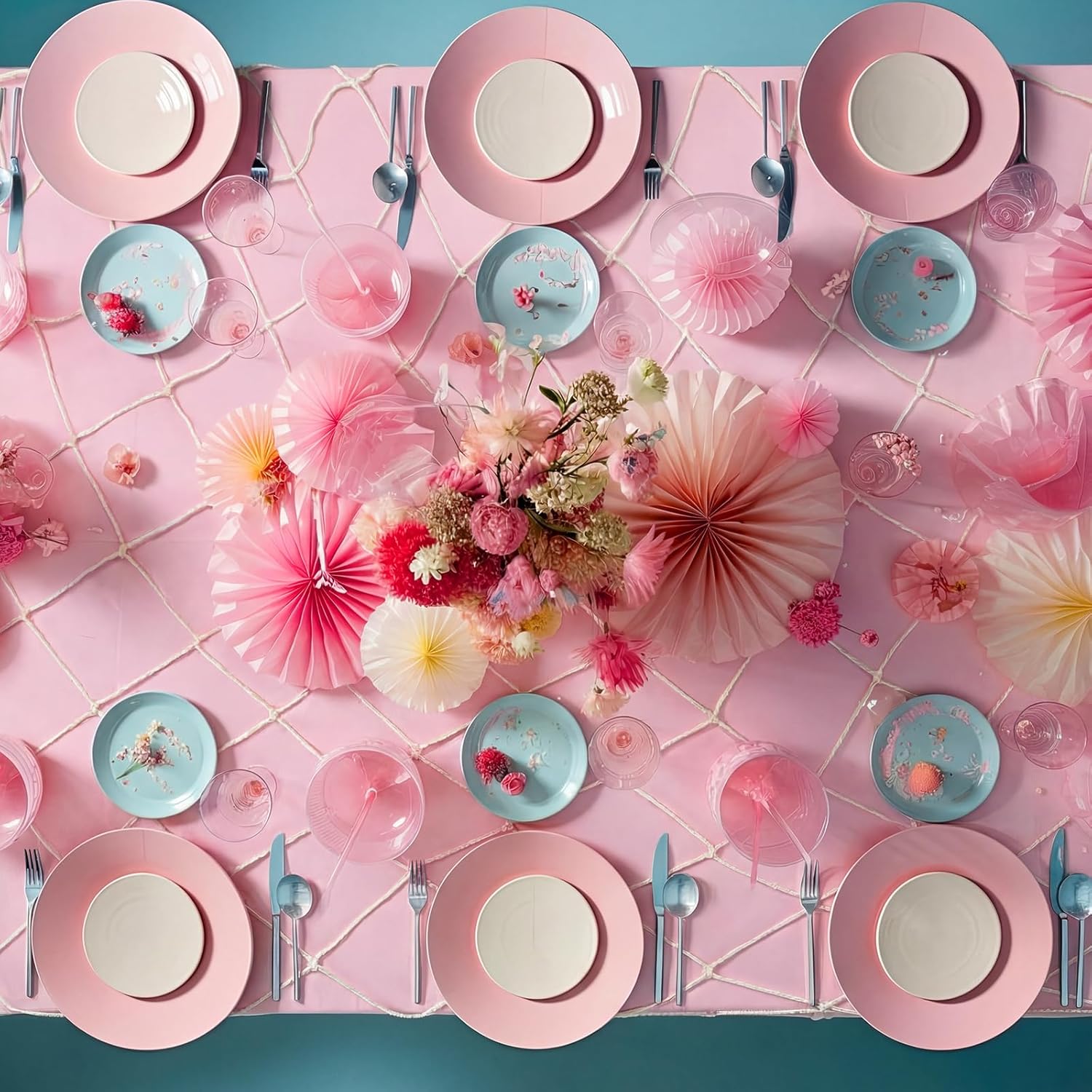 24 Pcs Fish Net and Tablecloth Set 3 Colors Ocean Waves Tablecloths and Cotton Fish Net Set for Nautical Baby Shower Pirate Mermaid Birthday Party Decorations, 54 x 108 Inch