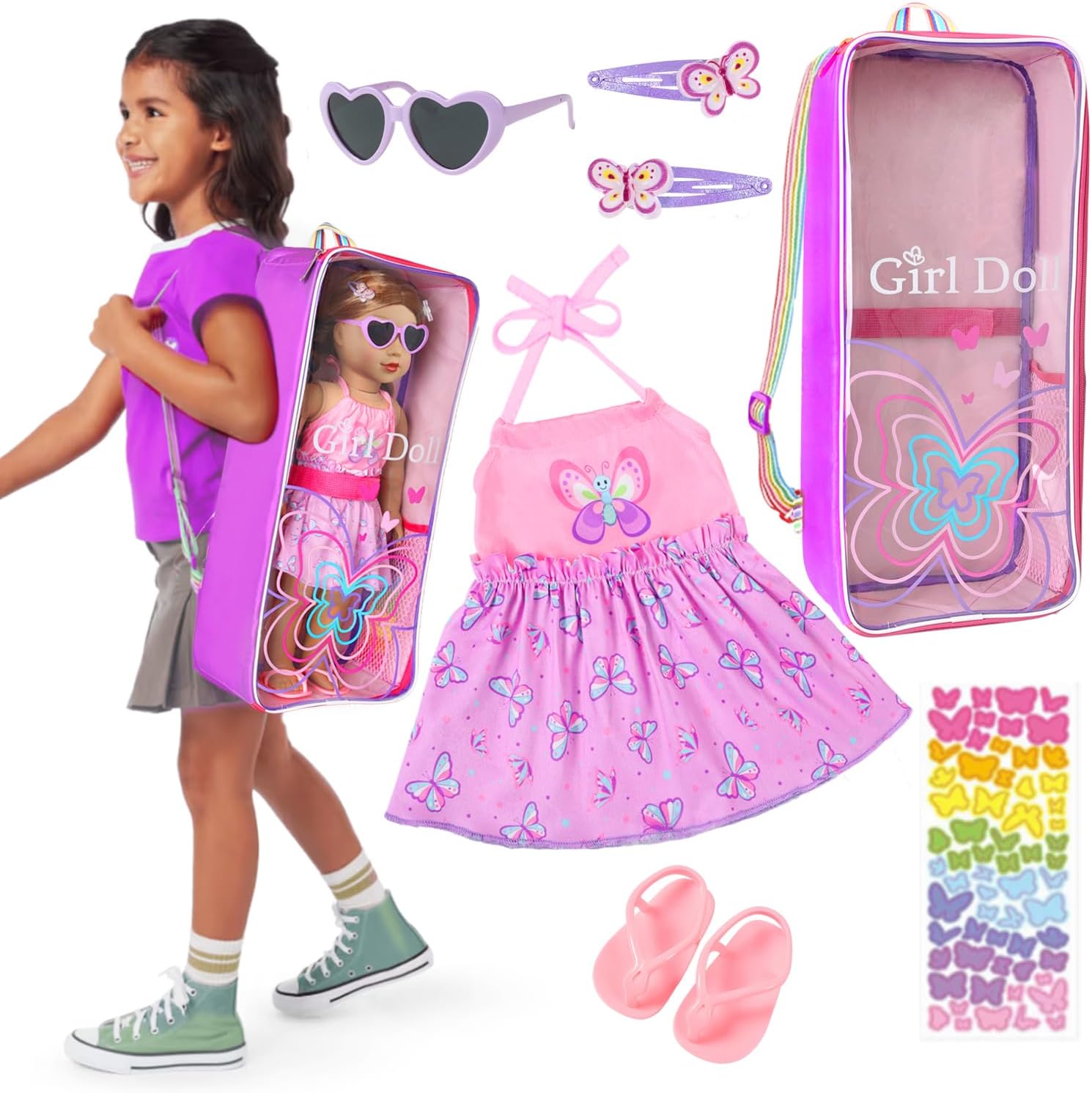 Ecore Fun 18 Inch Doll Carrier Carrying Backpack, 7Pcs Travel Doll Clear Display Storge Bag with Doll Clothe and Accessories for Child Wish to take Doll Out, Girl Birthday Gift