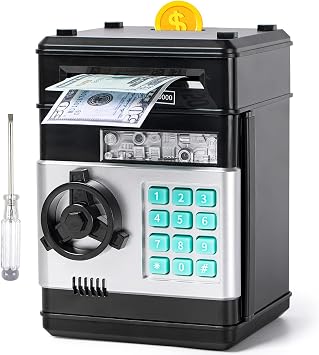 ATM Piggy Bank for Boys Girls, Mini ATM Coin Bank Kids Safe with Password | Vcertcpl Money Saving Box Money Jar for Adults with Auto Grab Bill Slot, Great Gift Toy Bank For Kids Black