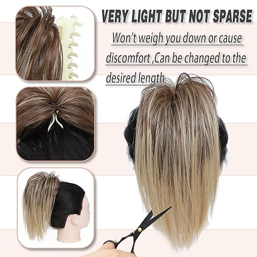 Miniatura 4 de Moño desordenado de pelo sintético con clip de garra para mujer, color marrón mezclado con rubio ceniza