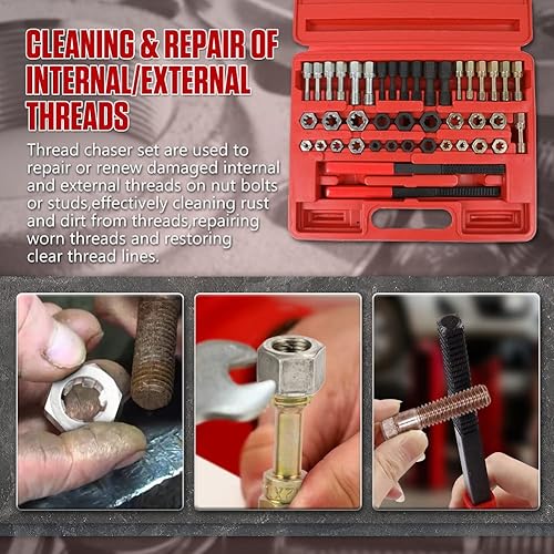 Miniatura 3 de Juego de 42 piezas de herramientas de reparación de roscas UNC/UNF/Kit de reenhebrado con 21 troqueles de reenhebrado, 19 grifos de reenhebrado, 2
