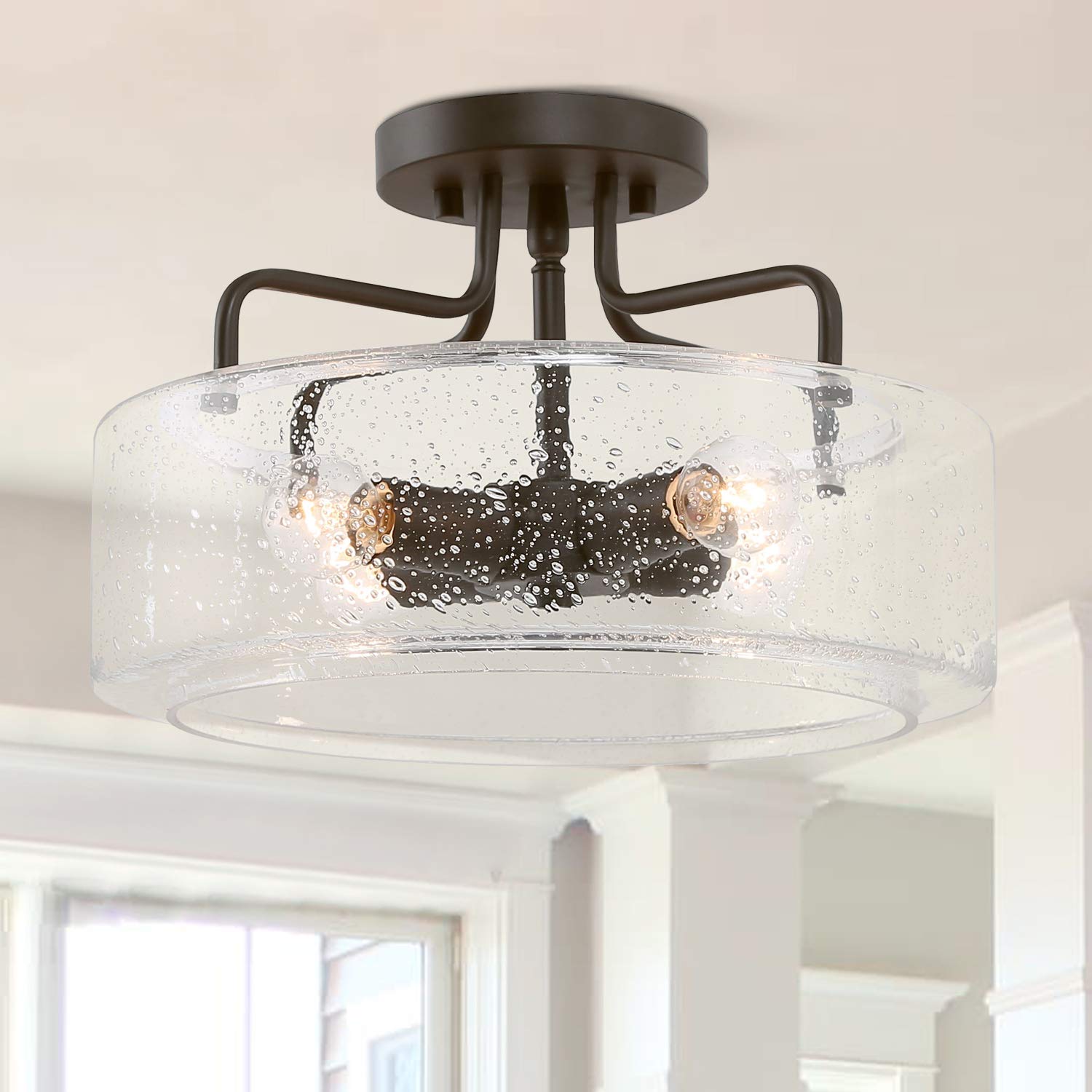 KSANASemi Flush Mount Ceiling Light, 4-Light Flush Ceiling Light with Seeded Glass Shade for Kitchen, Hallway, W 12" x H 8"