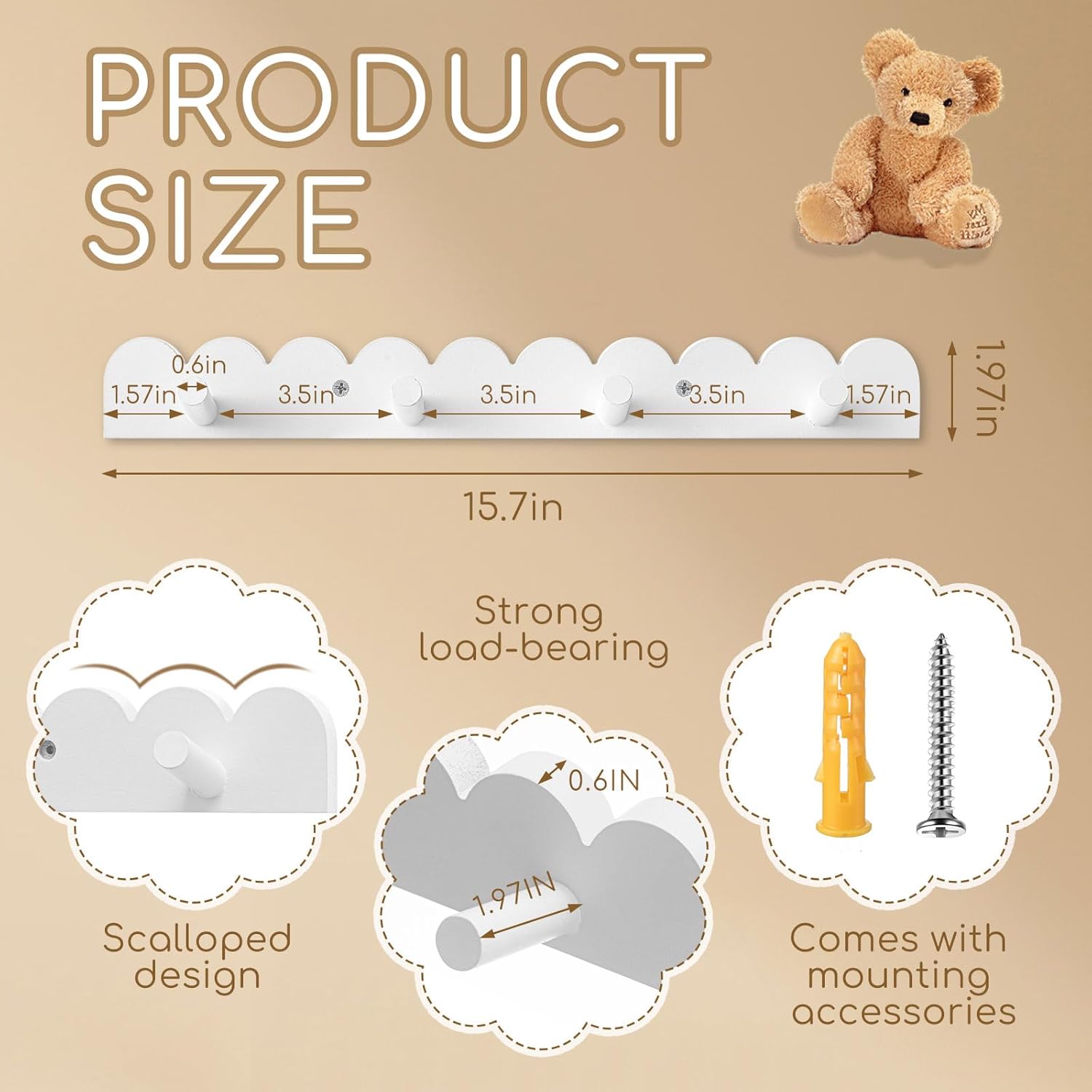 Leinuosen 4 Pack Scalloped Coat Rack Wall Mount Cute Nursery Wall Hook 16 Inch 16 Hooks Wood Backpack Hanger for Toddler Kids Clothes Hat Towel Keys Bathroom Classroom Playroom Nursery Decor