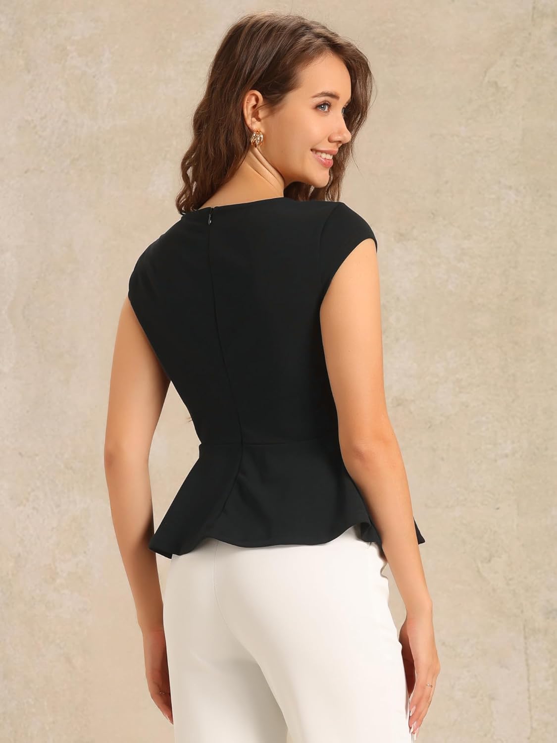 Allegra K Dressy Peplum Tops for Women Round Neck Cap Sleeve Elegant Work Blouse - Image 3