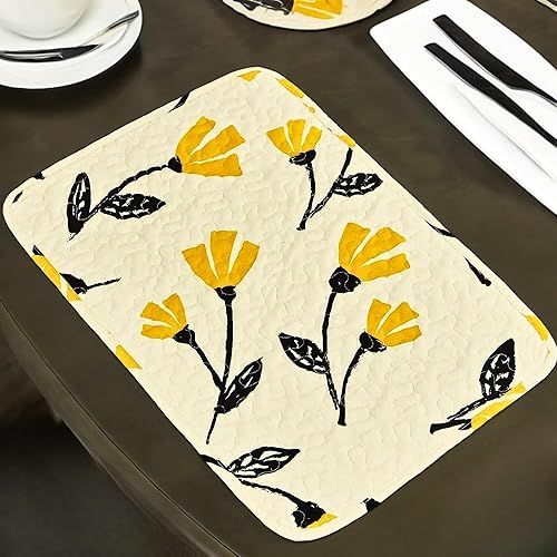 DaDa Bedding - Juego de 4 manteles individuales para mesa de comedor, diseño floral botánico, marfil acolchado con flor amarilla, dorado y naranja,