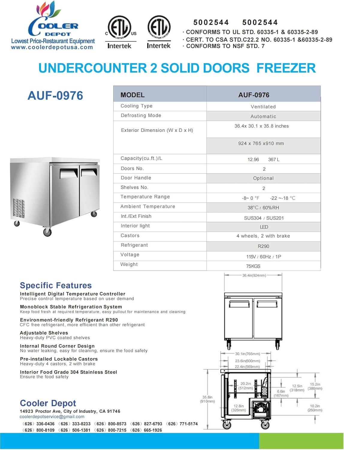 cooler depot Under Counter Freezer 36" Stainless Steel Commercial Freezer with Worktop NSF 2 doors 2 shelves, capacity 13 cuft 0°F to -8°F 115V/60HZ Restaurant- AUF-0976