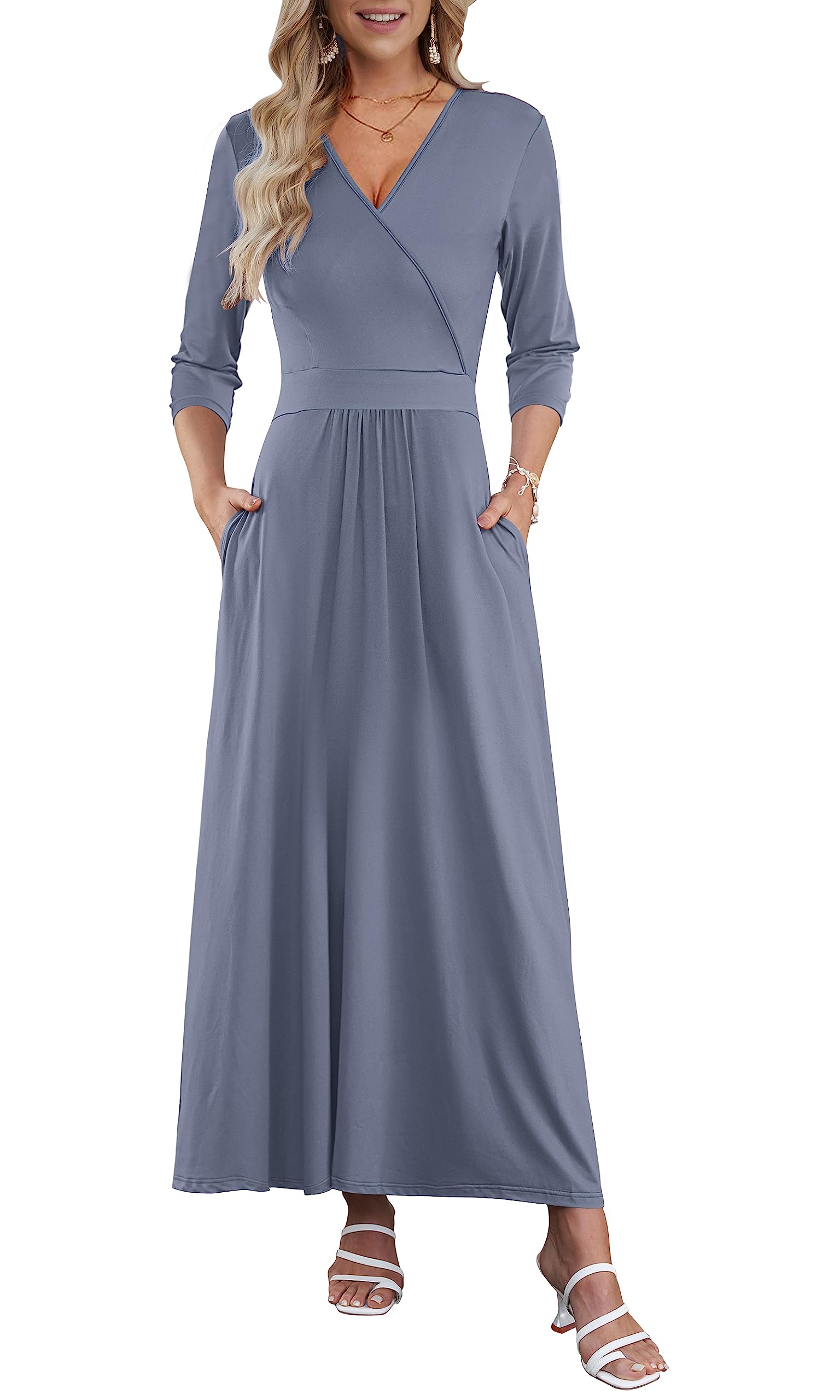 WNEEDUWomen's 3/4 Sleeve V Neck Maxi Dress Casual Long Dresses with Pockets Purple Grey