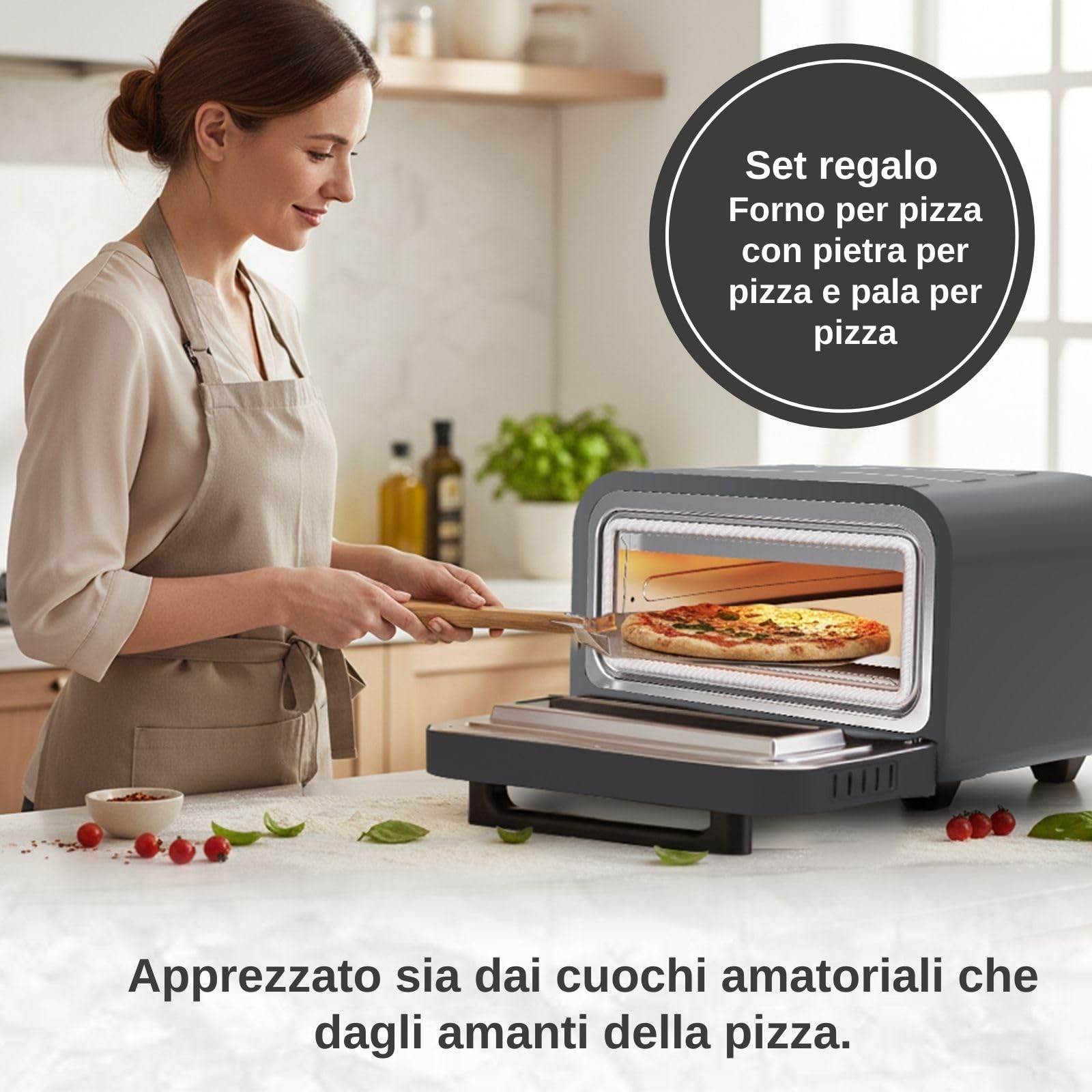 Forno elettrico per pizza – 450 °C con pietra e pala per pizza – 1700 W, timer, luce interna, finestra – Pizza croccante in 2 minuti – Macchina per pizza professionale da casa - BOLKANI (grigio)