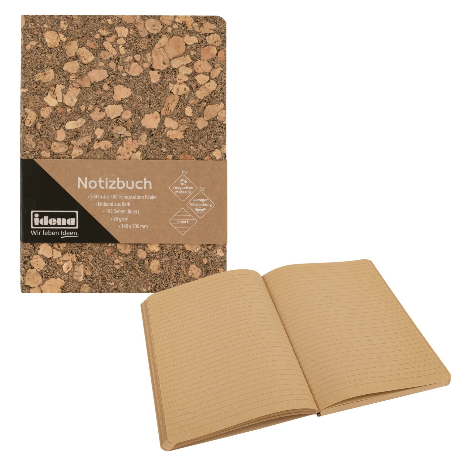 Idena 12252 - Notebook 20 x 14 cm, lined, 192 pages, made from 100% recycled paper, cork cover, 80 g/m², pack of 1