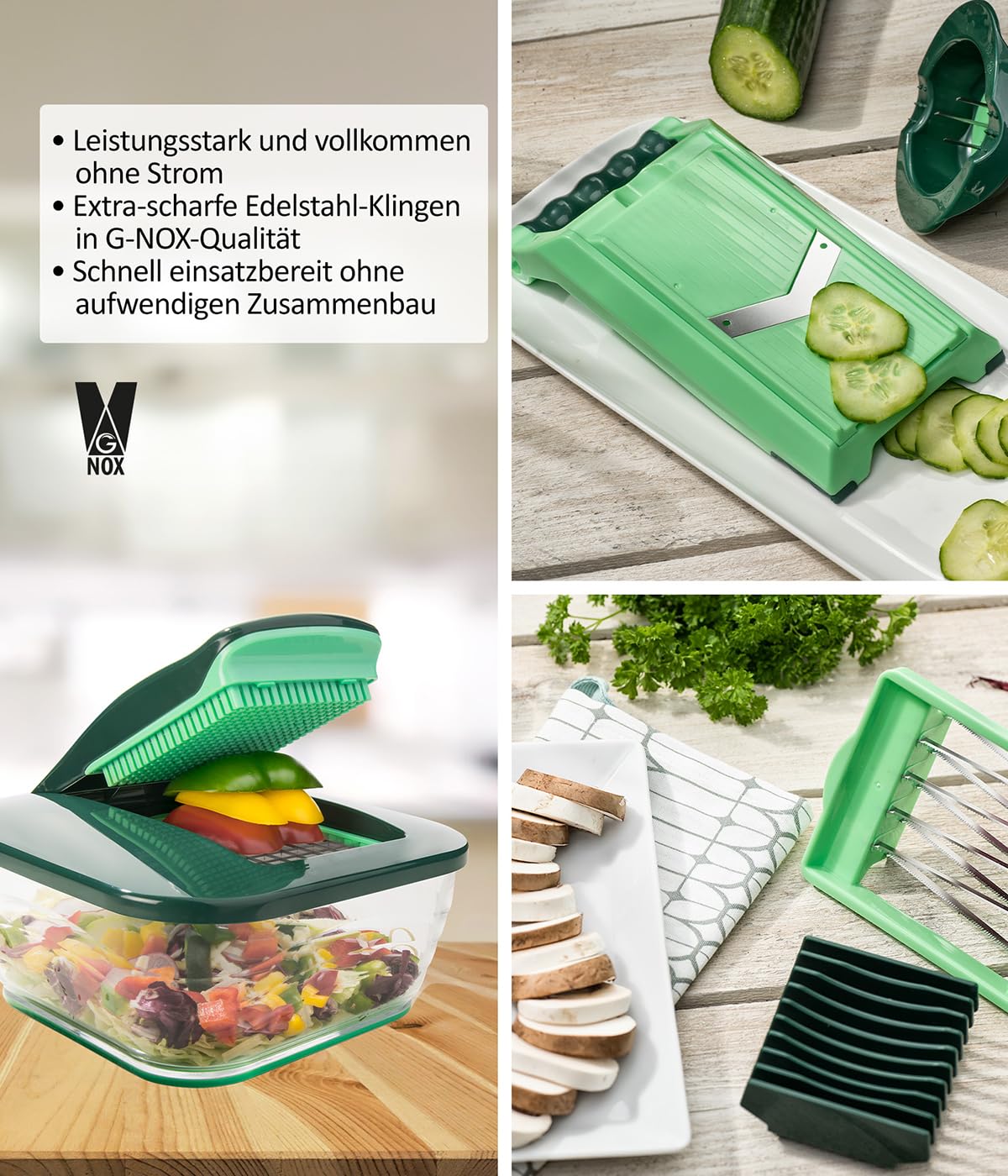Genius Nicer Dicer Chef 34-in-1 Multifunktions-Profi-Gemüseschneider mit Glasschale und Tomatenschneider | Teigwaren, Scheiben, Streifen, Spiralen, Julienne