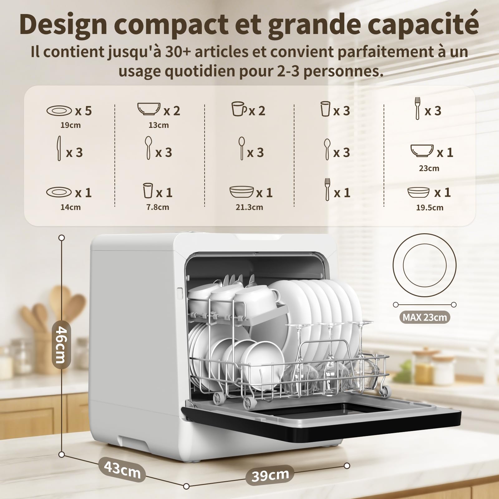 Mini lave-vaisselle de table 950 W, 3 couverts, 5L réservoir amovible, 7 programmes, 72 °C, écran LED tactile