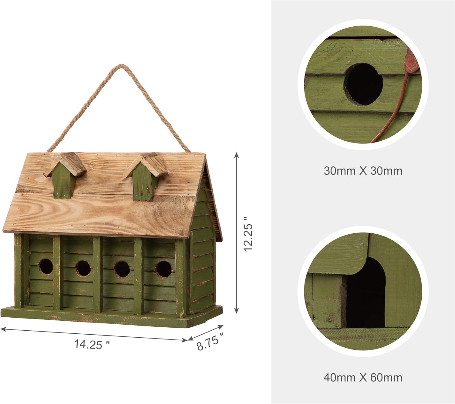 Glitzhome 14.25" L Wood Hanging Birdhouse for Outdoors Oversized Distressed Cottage Bird House Rustic Painted Bird House for Bluebird Wren Chickadee Sparrow Bird Nest Box for Garden Patio, Green