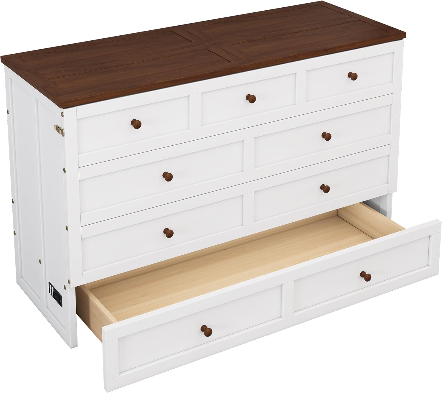 Queen Size Murphy Bed Folding Wall Chest with Charging Station and Large Storage Drawers, Foldable Pull Out Murphy Cube Wall Bed Space Saving Hidden Bedframe for Guest Room, Home, White Walnut