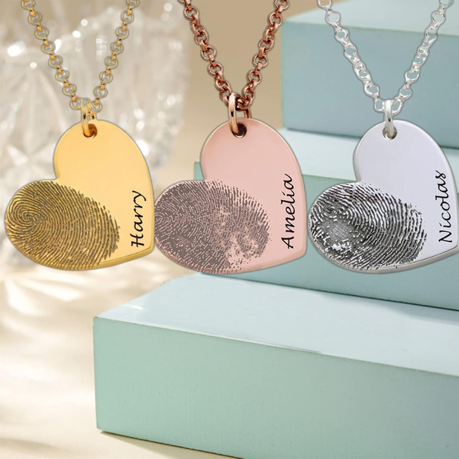 Drawelry Personalized Memorial Fingerprint Heart Necklace : Engraved Name Customized Letters Actual Fingerprint Oval Pendant Necklace Promise Anniversary Birthday Jewelry Gift for Women Men