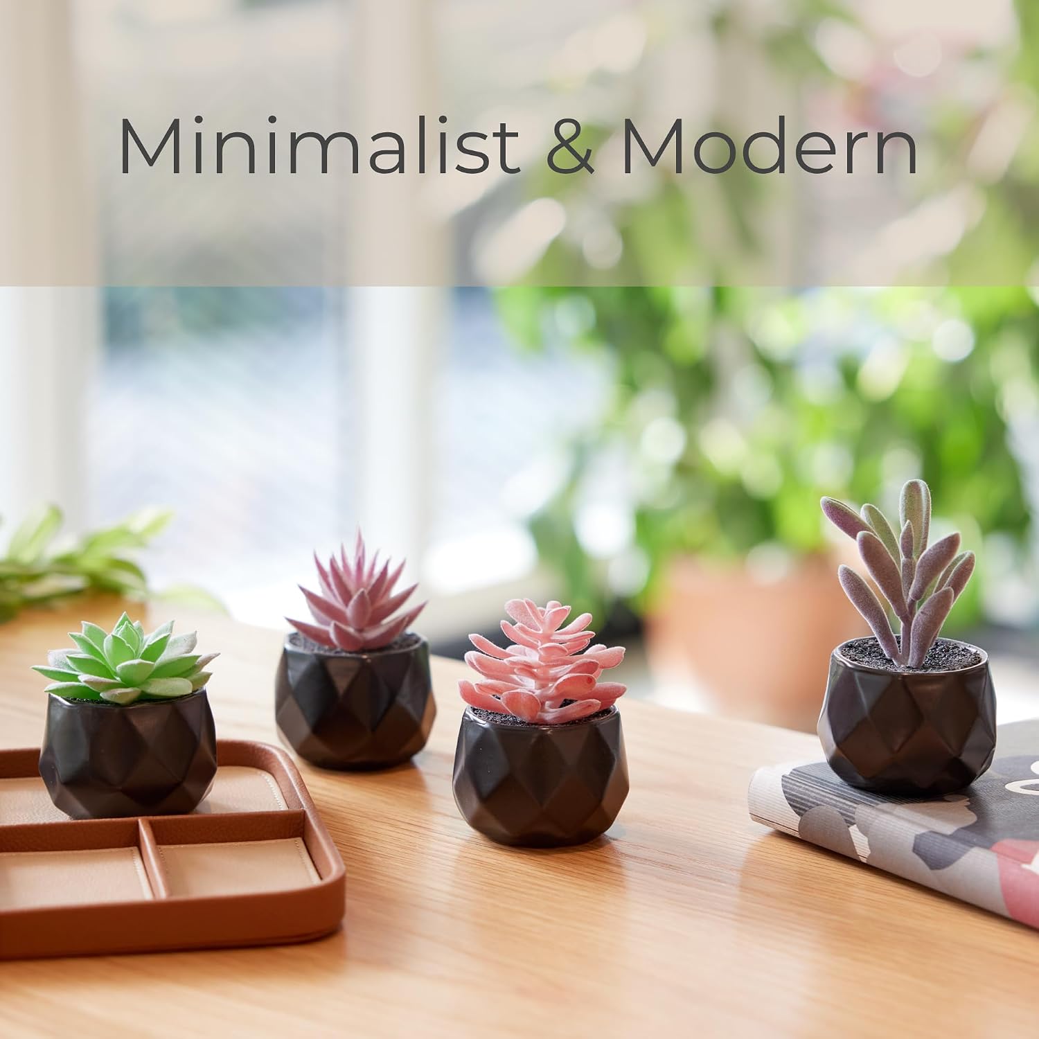 Nordik Set of 4 Desk Plants - Geometric Round Black Pots - Perfect for Bathroom, Bedroom Decor Aesthetic - Ceramic Fake Plant for Office or Living Room Decor - Ideal for Women