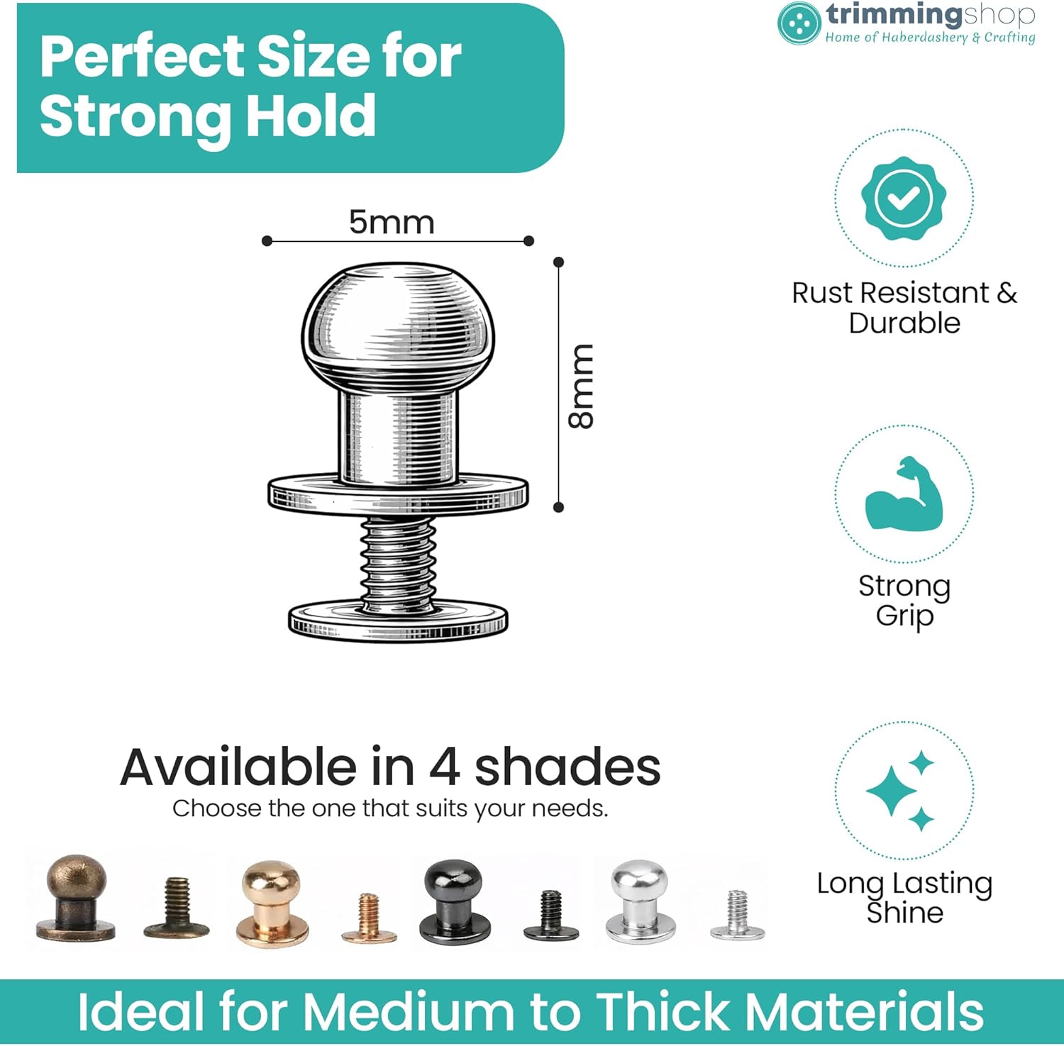 Chicago 8Mm Round Head Metal Screw - 50 Pieces - Ideal for Leather Crafts - Gold