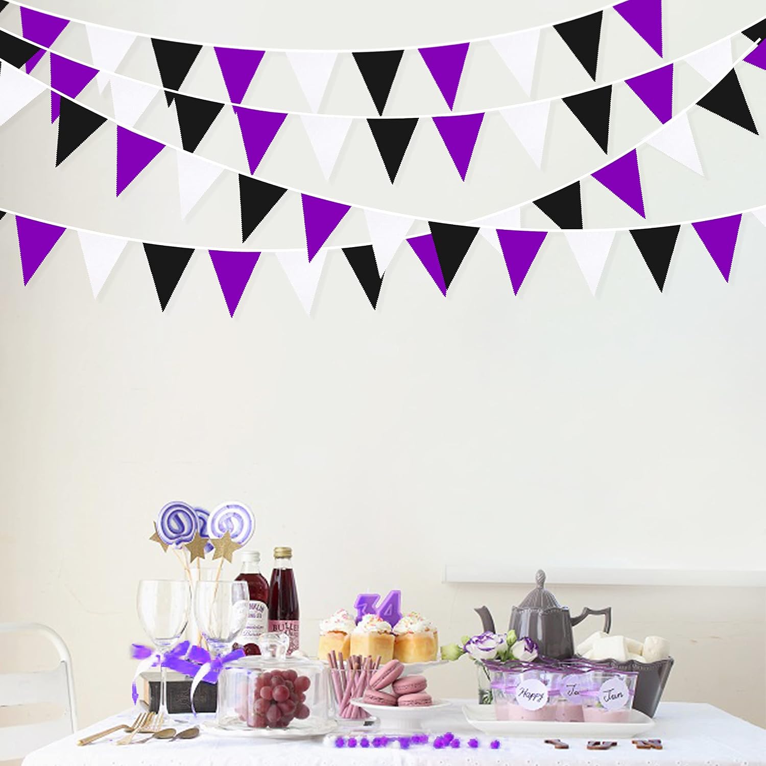 10M/32.8Ft Fabric Bunting Banner Purple Black White Bunting Party ...
