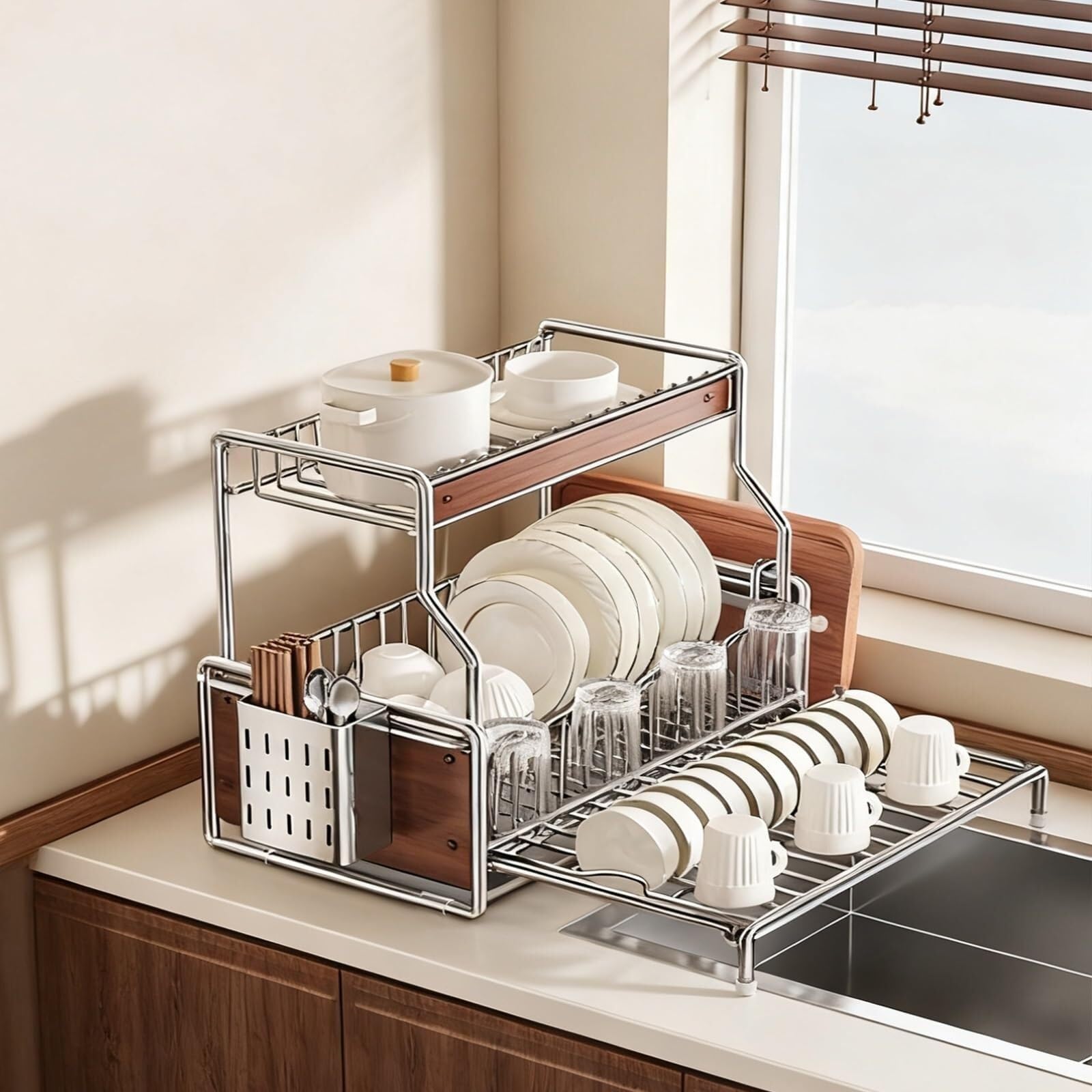 ARUNASC dish racks Dish Drying Rack countertop Kitchen Organizer with Drainage Large Bowl Rack Storage Racks with Drainage Board drainer(Full Set,Double layer)
