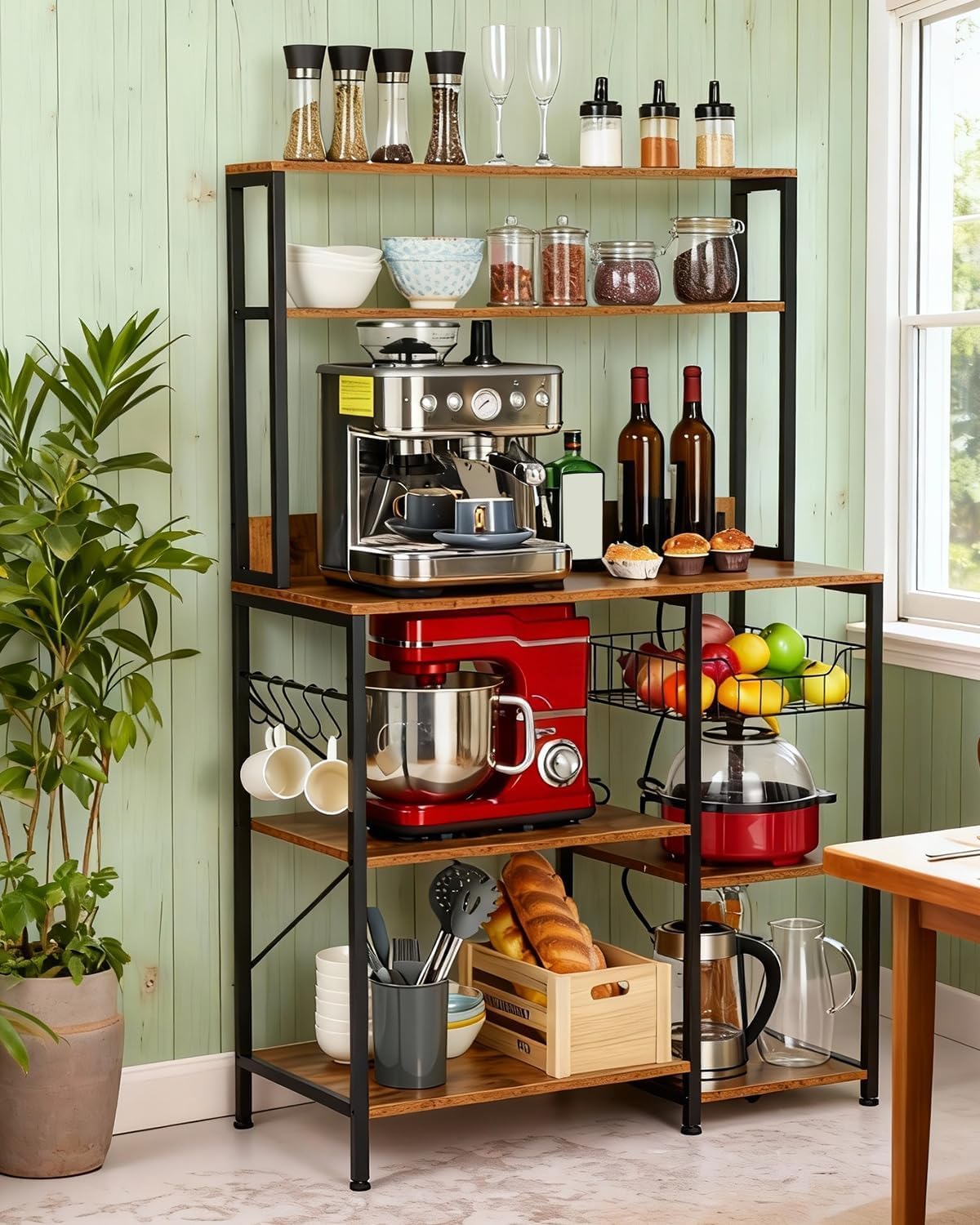 Industrial Kitchen Bakers Rack, 4-Tier Microwave Oven Stand, Large Wooden Storage Shelf for Bread, Spices, Pots & Pans
