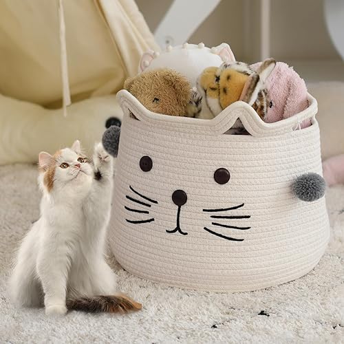 Miniatura 2 de INough Cesta de juguetes para gatos, cesta de almacenamiento de cuerda de algodón tejida grande, cesta de lavandería con decoración de botones para