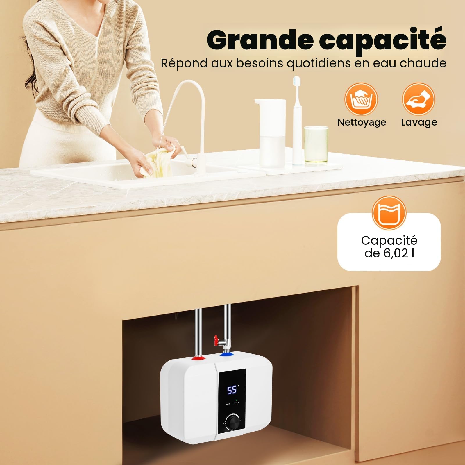 Petit chauffe-eau sous évier 6 l - Résistant à la pression - 1500 W - Pour cuisine - Avec écran LED - Petit chauffe-eau - Pour une utilisation sous les éviers de cuisine et les lavabos