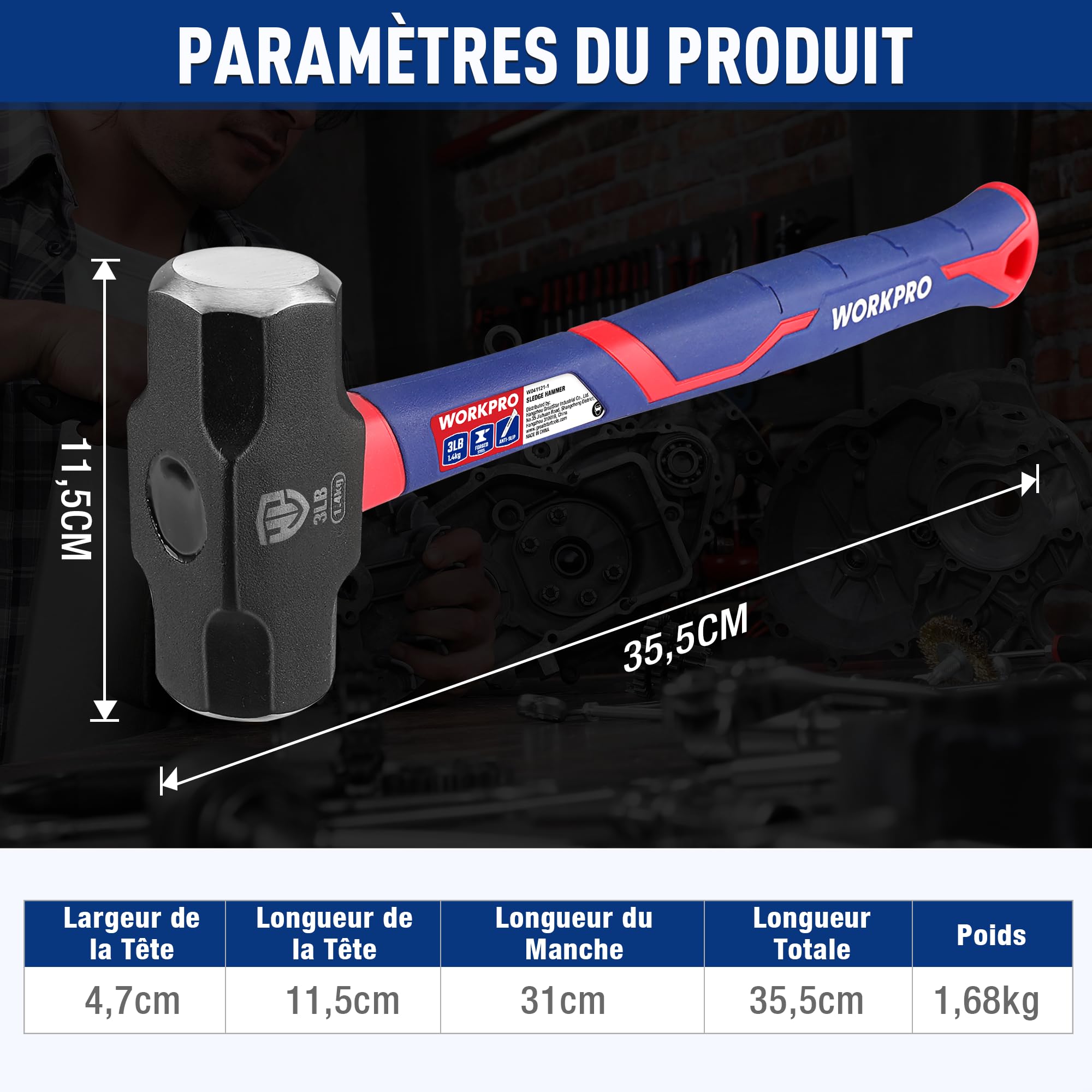 Massette 1,68kg avec Manche en Fibre de Verre, Tête en Acier Forgé, Marteau Octogonal à Poignée Ergonomique Antidérapante pour Jardinage, Construction de Bâtiments, Roche