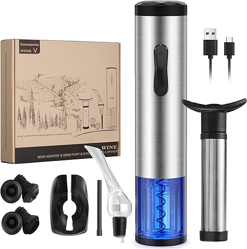 Juego de abridor de vino eléctrico, abridor de vino automático eléctrico recargable, sacacorchos eléctrico con base, kit de regalo 9 en 1 destapador