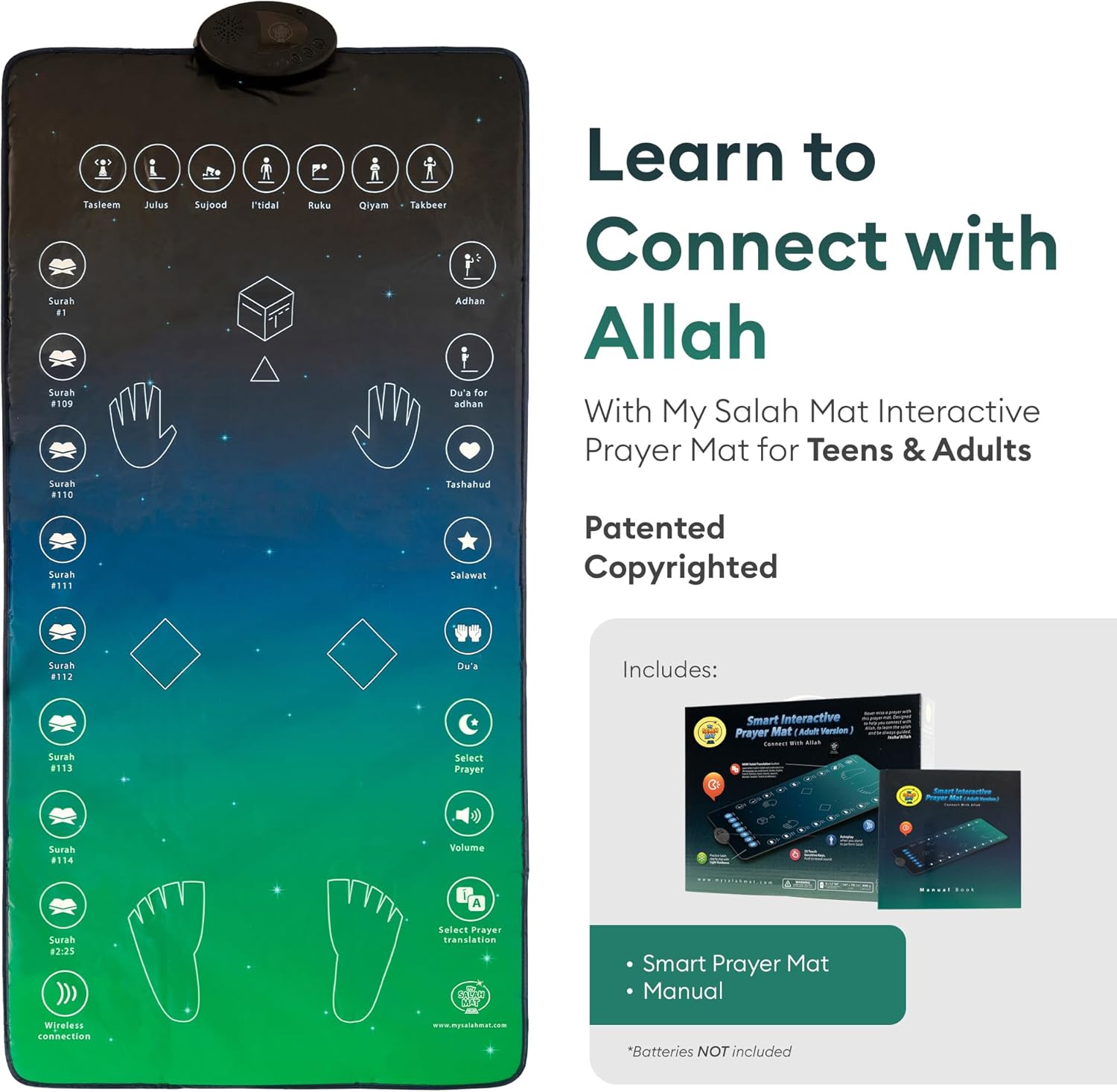 My Salah Mat for Adults - Smart Interactive Prayer Mat for Adults & Reverts Learning Surahs, Salah, Duas, & More - Muslim Prayer Rug with 25 Touch Keys, Padded Prayer Mat Layer, & Speaker for Ages 8