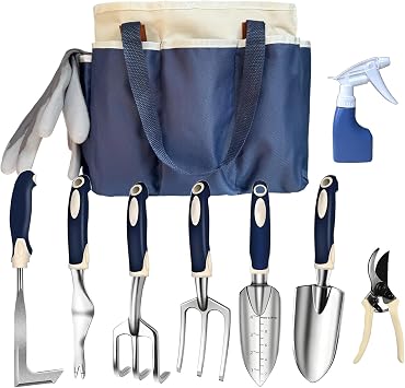 Gardening Tool Set, 9-Piece Heavy-Duty Aluminum Garden Tools with Non-Slip Handles and Large Tool Bag with Storage Pockets, Durable Hand Gardening Tools - Perfect Gardening Gift for Men and Wome