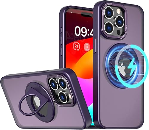 CONCUBINE Funda magnética para iPhone 15 ProMax compatible con MagSafe soporte giratorio de 360 a prueba de golpes, mate, translúcida, delgada funda
