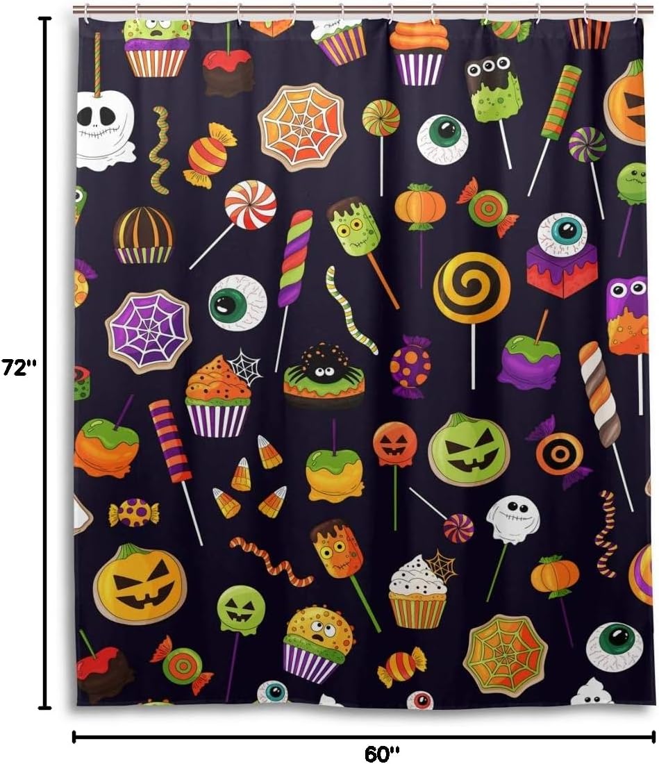 STAYTOP Delicious Candy Corn Pumpkins Eyeballs Ghost Sweets Dessert Shower Curtain Set Polyester Fabric Waterproof Horror Day of The Dead Bath Curtain for Halloween Decor, 12 Hooks, 60x72 Inch