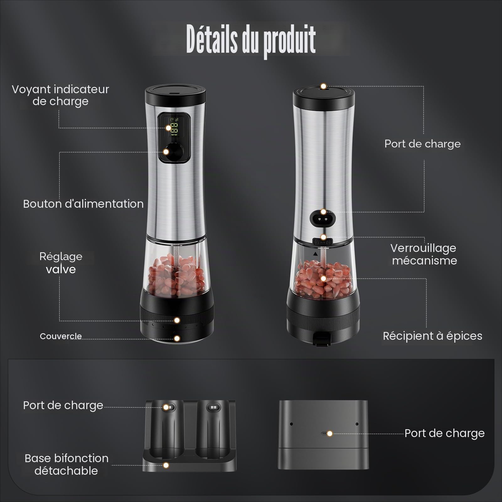 Moulin à Poivre Électrique Set,Écran de Batterie & Base Rechargeable,
