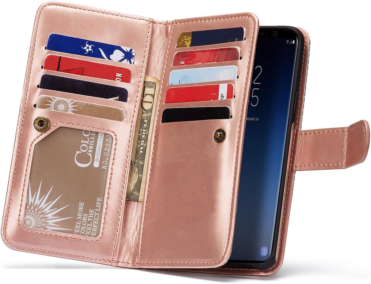 FLYEE Case Compatible with Galaxy S9(5.8 inch,Released in 2018),Wallet Case for Women and Girls with Card Holder,[Detachable 2in1] 9 Card PU Leather Protective Case and Wrist Strap-Striped Rose Gold