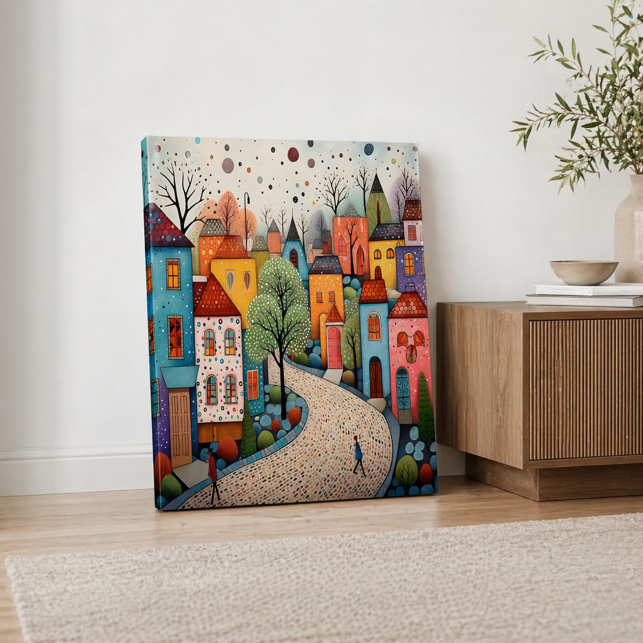 Qiukoo Framed Canvas Wall Art – Colourful Town Artwork, Waterproof Modern Print with Hook, Whimsical Wall Decoration for Living Room, Bedroom Pictures for Wall or Prints for Walls – 12x16 Inch — view 5