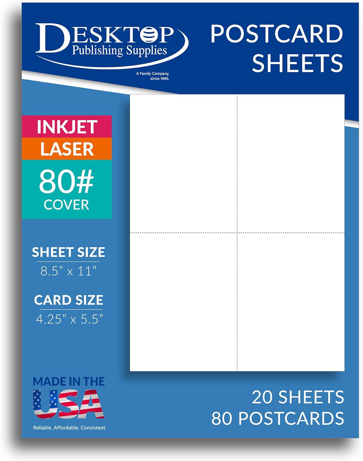 Heavyweight Blank Postcard Paper for Printing - 20 Sheets / 80 Postcards - White - Perforated 4 per sheet - Thick 80lb Cover Cardstock - Inkjet/Laser Printable