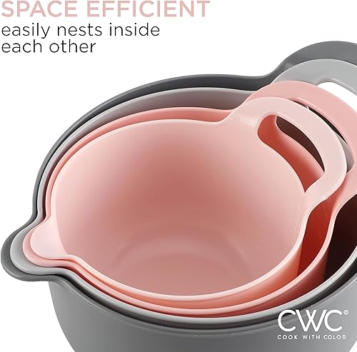 Vista 46 de COOK WITH COLOR Nesting - Juego de cuencos de plástico para mezclar con boquillas y asas, color rosa, 4 piezas antideslizantes