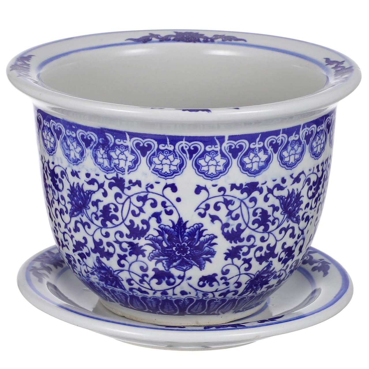 VANZACK Blau-weißer Blumentopf aus Keramik, chinesische Blumentöpfe aus Keramik mit Tablett, dekorativer Blumentopf für drinnen und draußen, Schreibtisch, Garten, Balkon