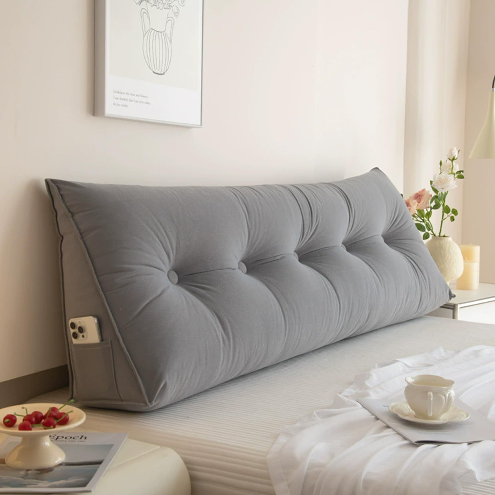 Hruile Large Reading Pillow, Headboard Wedge Cushion, Ergonomic Backrest Support Cushion for Bed & Sofa, Back Lumbar Positioning Support Pillow with Removable Cover (60x50x20cm,Grey)